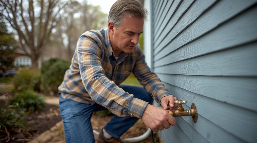 Homeowner in Denver inspecting exterior faucet to prevent spring water damage