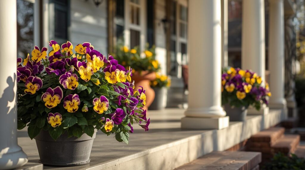 Spring home refresh ideas featuring potted pansies on a Denver front porch