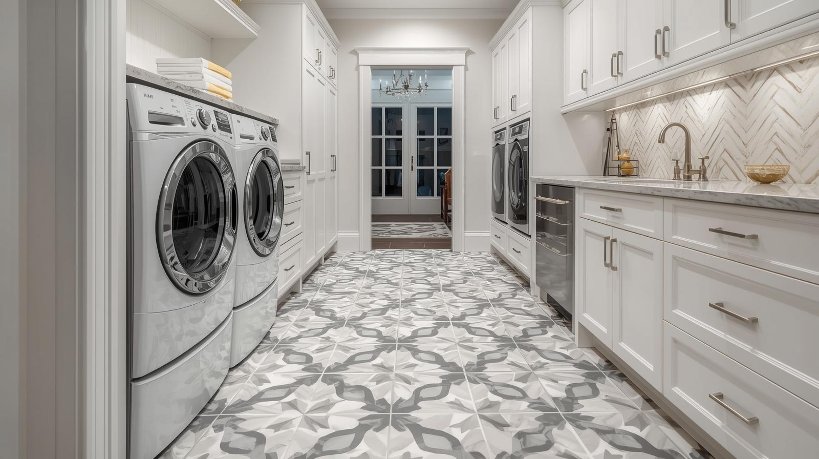 A modern laundry room with graphic tile flooring and white cabinets.