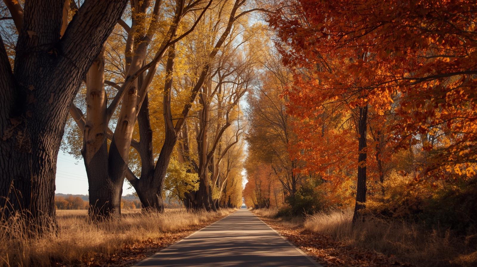 A scenic view of the High Line Canal Trail lined with massive cottonwood trees in the fall
