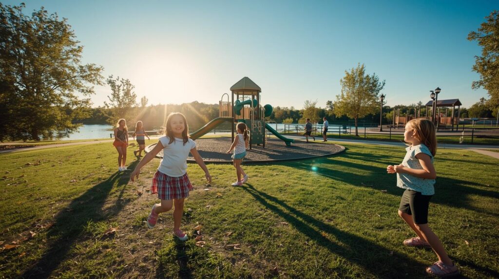 Children playing at the Washington Park Denver playground near Smith Lake