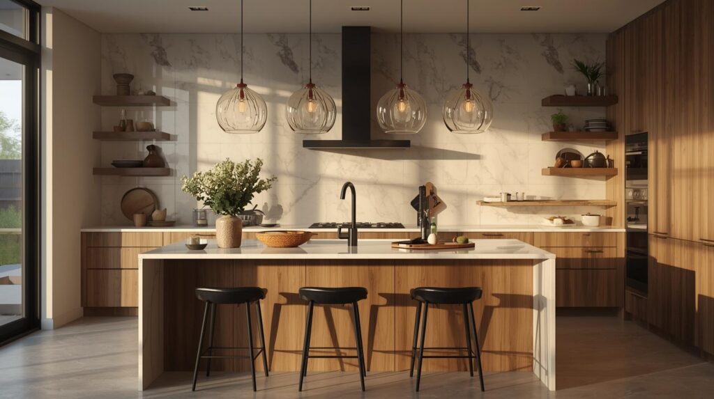 Modern Denver kitchen island with lower baking counter and glass pendant lighting