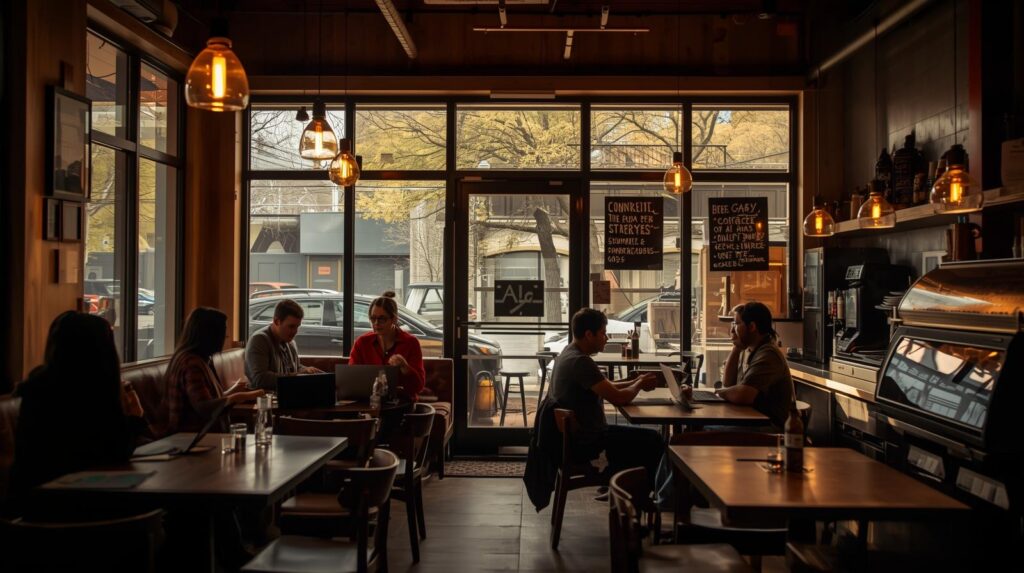 Interior of a cozy coffee shop in City Park Denver with people working on laptops