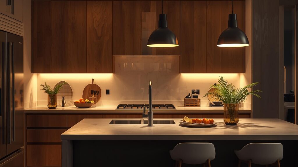 Under cabinet LED tape lighting and kitchen island pendants for modern home lighting