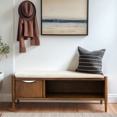 Culla Walnut Bench with storage for small Denver apartment entryways