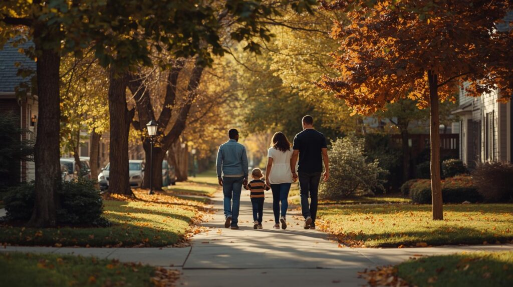 A family walking through a tree-lined street in a Denver neighborhood, illustrating how to pick a neighborhood to live in.