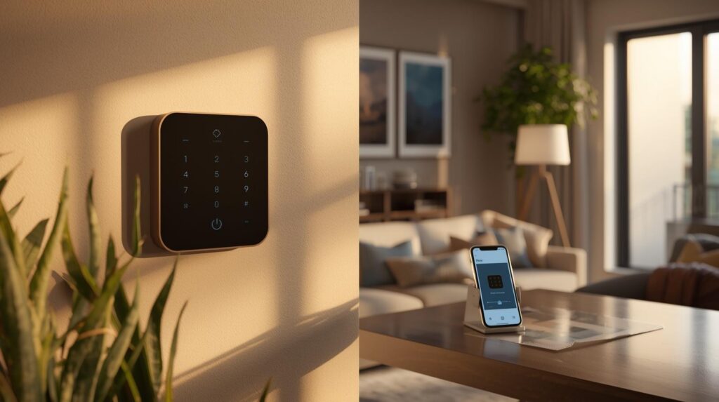 Modern DIY home security system keypad and smartphone app in a Denver living room