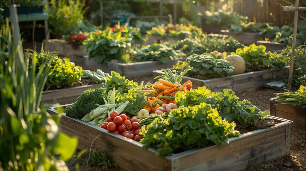 Summer vegetable garden in Denver Colorado with raised beds and fresh produce.