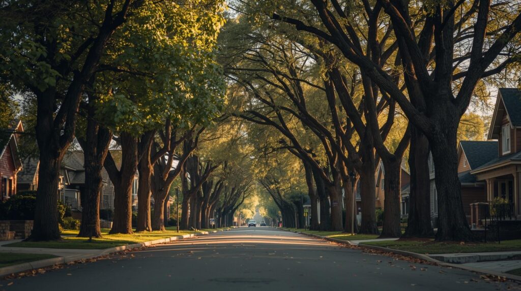 Mature tree-lined street in Denver increasing neighborhood property value