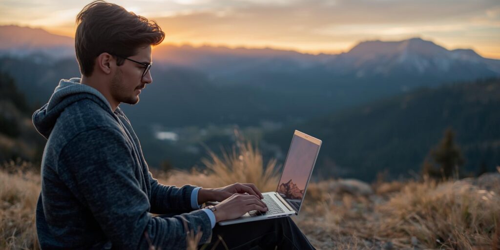 A millennial professional working remotely on a laptop with a view of the Colorado Rocky Mountains in 2026