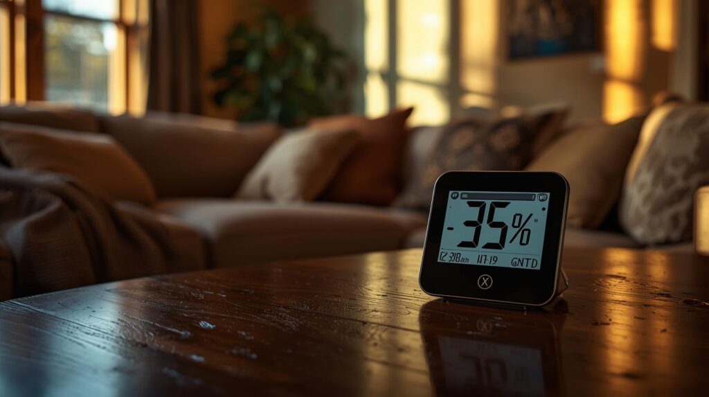 Digital hygrometer showing 35% indoor humidity level in a Denver, Colorado living room.