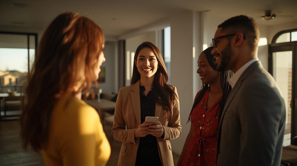 Real estate agent showing a new construction home in Denver to a couple