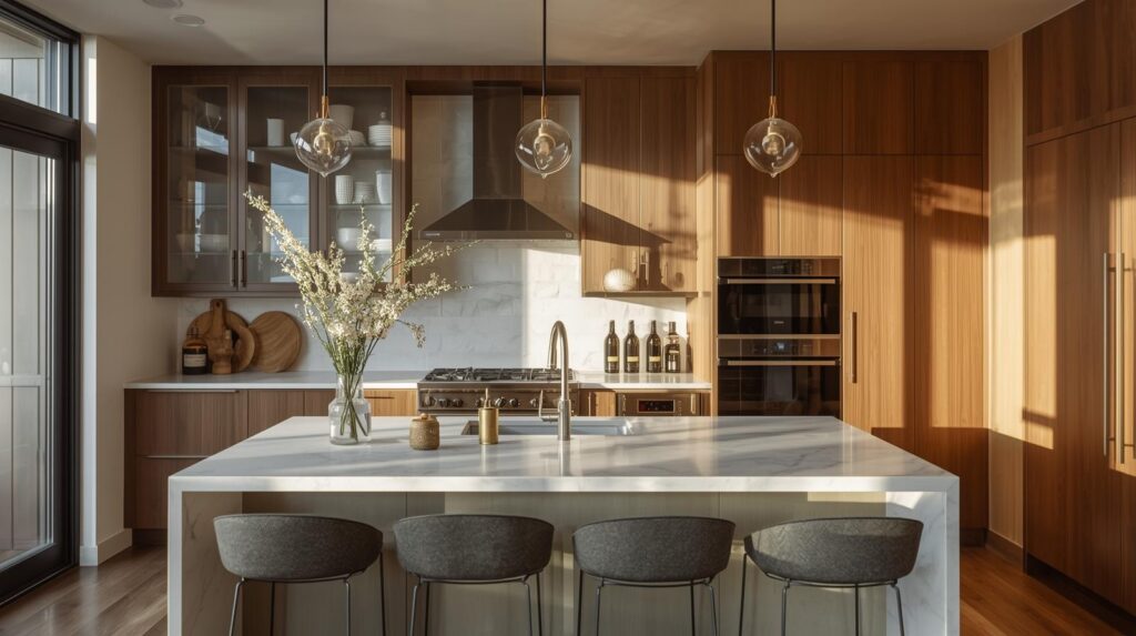 Modern kitchen remodel with white quartz island and two-tone cabinets in a Denver home