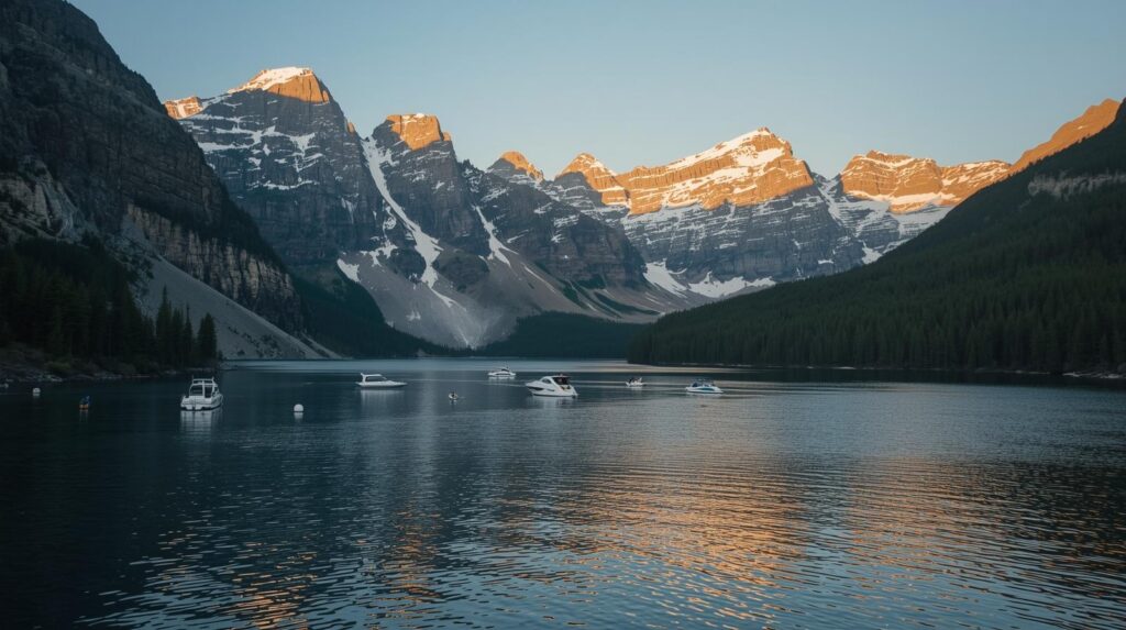 Boats on Grand Lake with Rocky Mountain National Park in the background