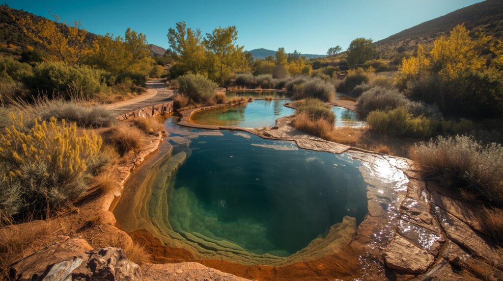 Natural hot springs pools in Pagosa Springs, Colorado during summer