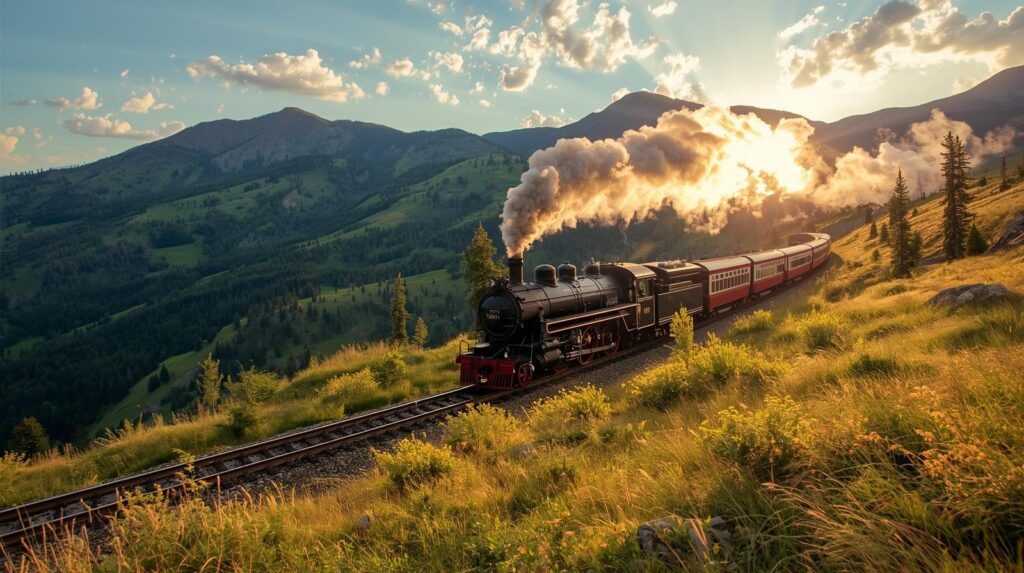 The Durango and Silverton Narrow Gauge Railroad steam train in the mountains