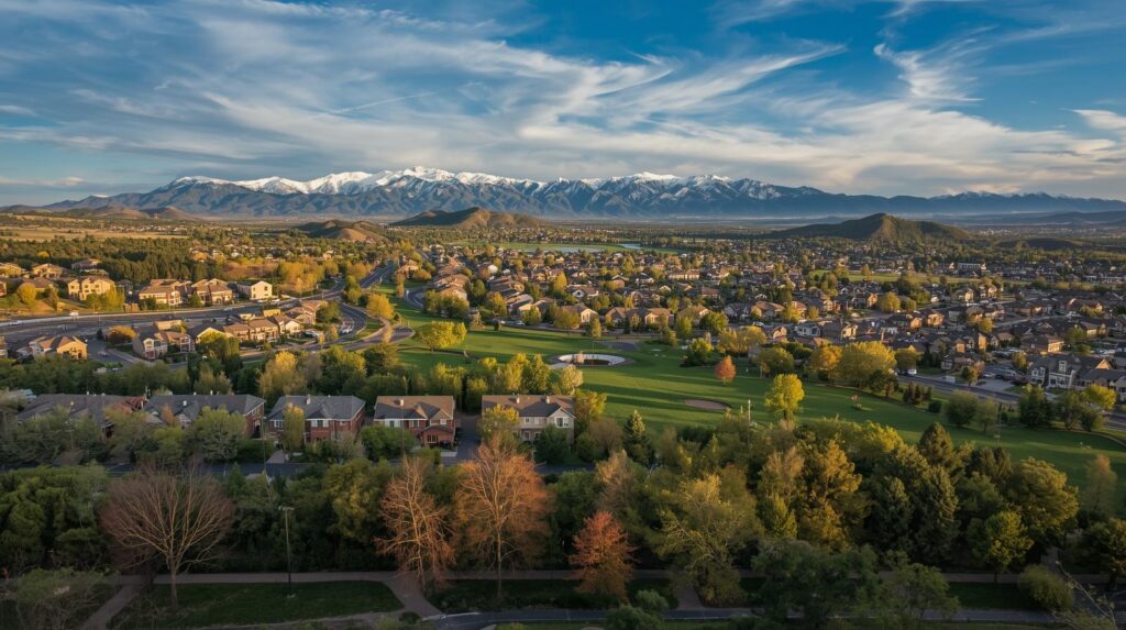Aerial view of Arvada CO real estate and parks with the Rocky Mountains in the background