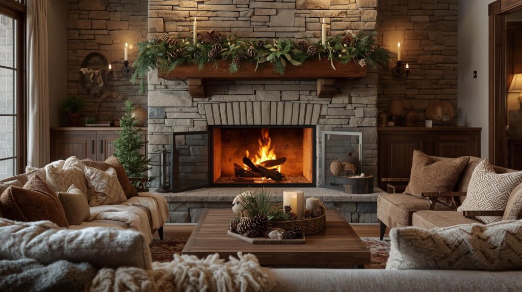 Cozy interior staging for a winter home sale in Denver featuring a fireplace