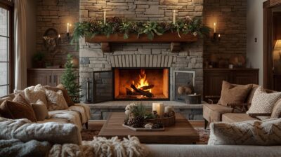 Cozy interior staging for a winter home sale in Denver featuring a fireplace