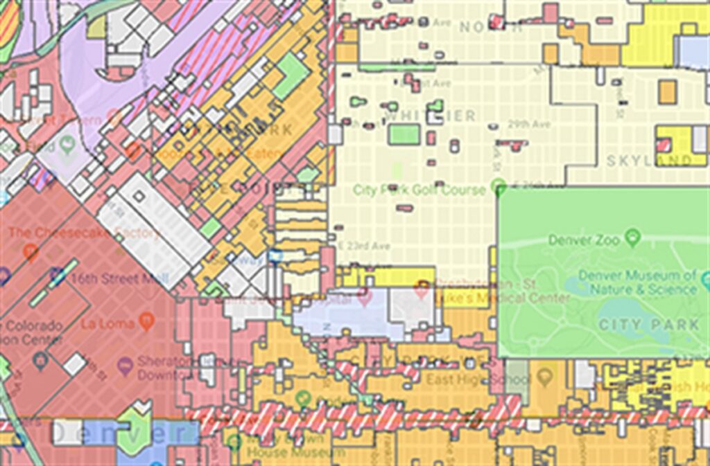 Map of Denver residential zoning districts including RiNo and LoDo areas