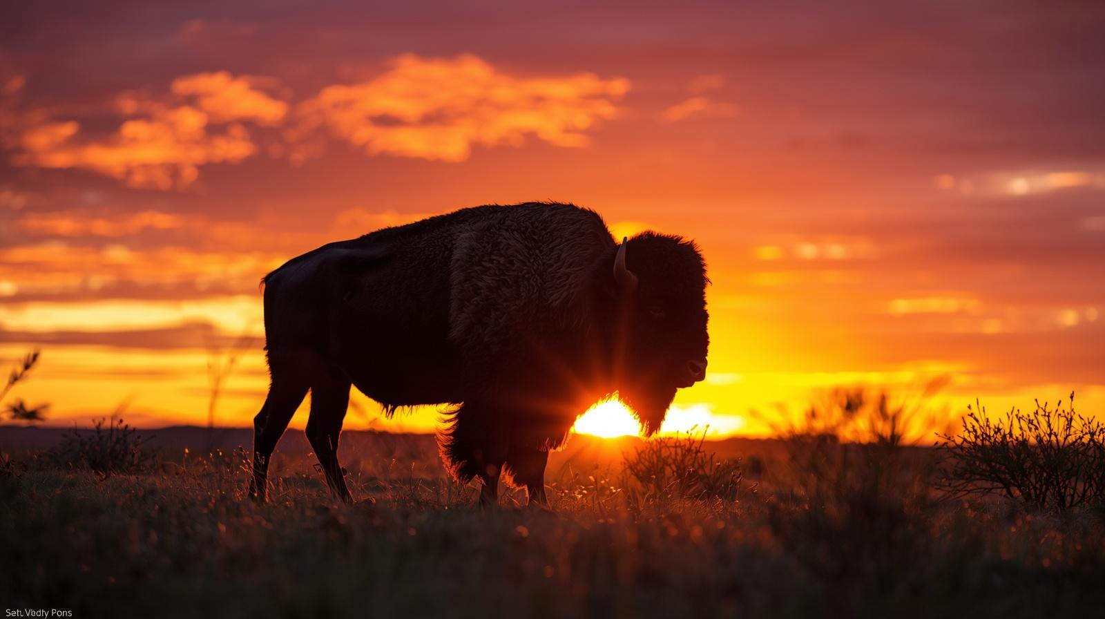 Bison silhouette against a fiery sunset at Daniels Park near Castle Pines Colorado
