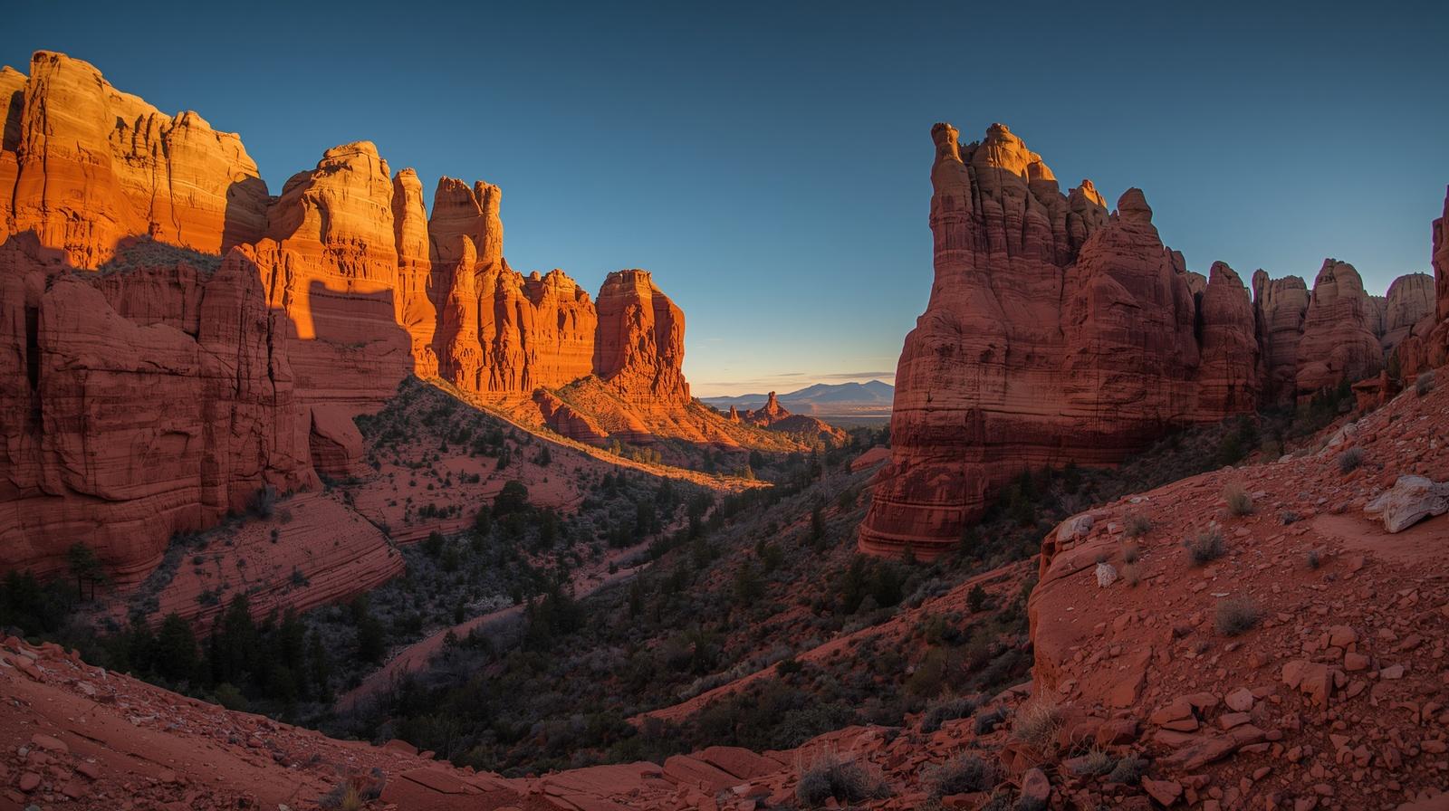 Dramatic tilted red rock formations of Roxborough State Park during golden hour sunset