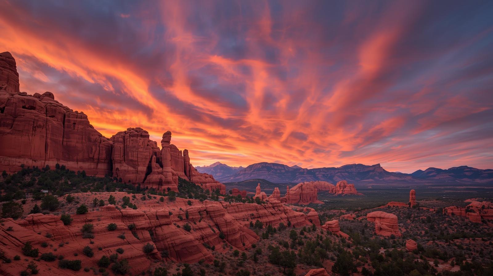 Orange and pink sunset sky over red rock formations at Garden of the Gods Park in Colorado Springs