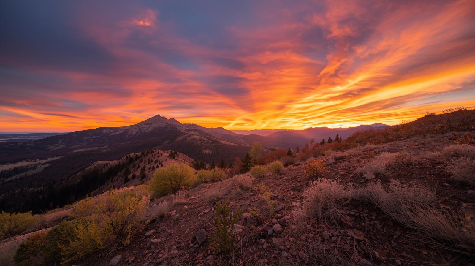 Orange and pink sunset sky over the Colorado Front Range mountains during spring
