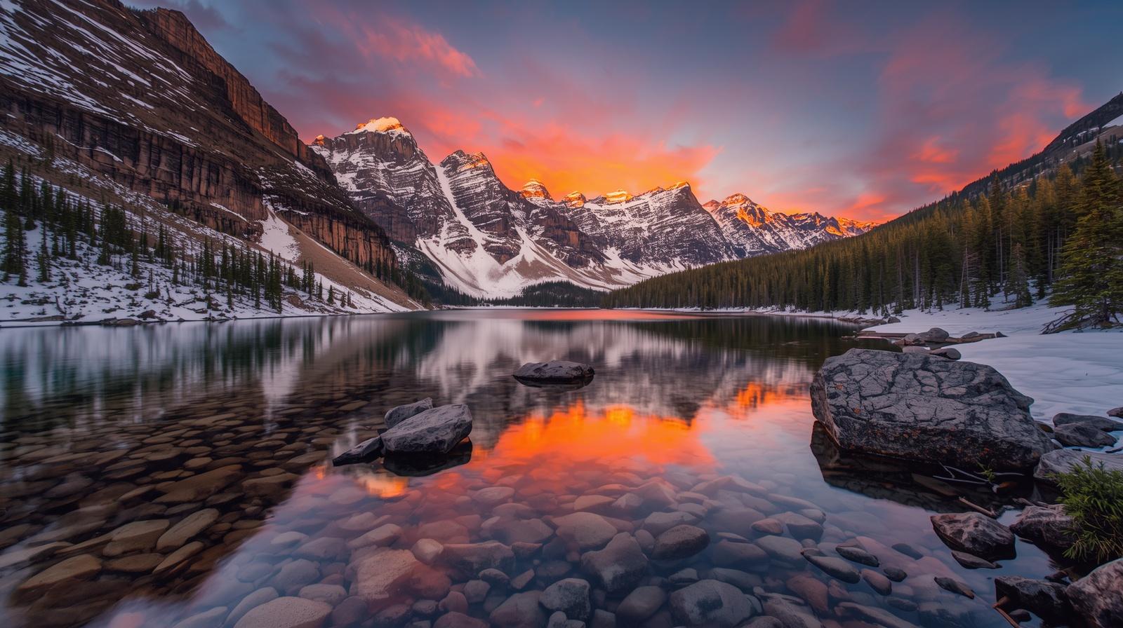 Vibrant sunset reflection on Bear Lake in Rocky Mountain National Park with snow-capped peaks
