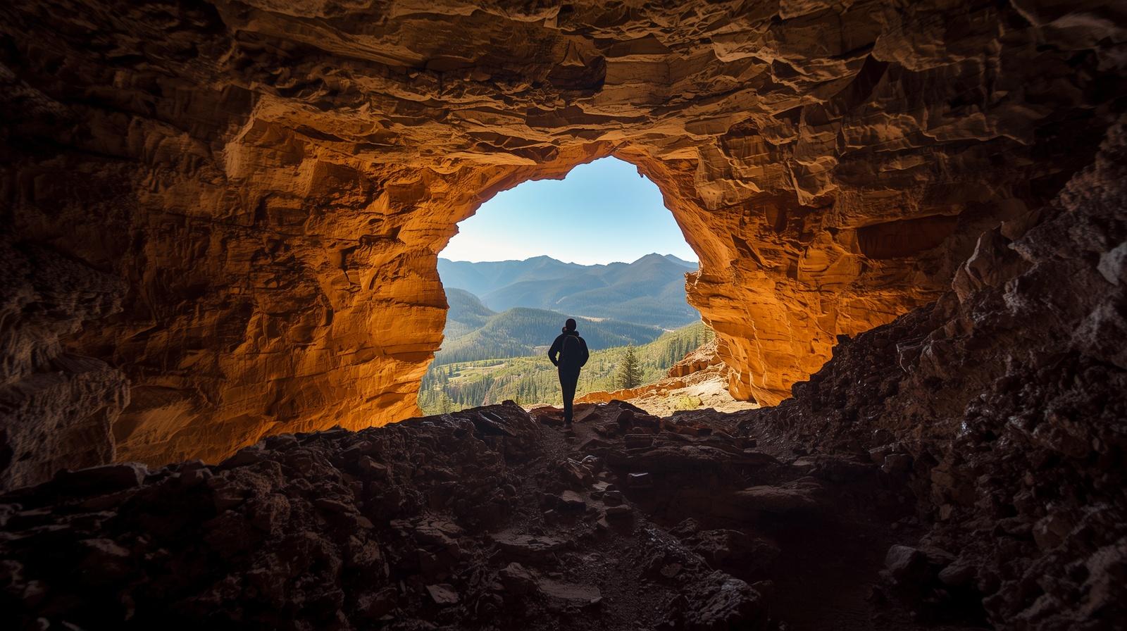 Adventurer exploring one of the many scenic caves in Colorado during the spring season.