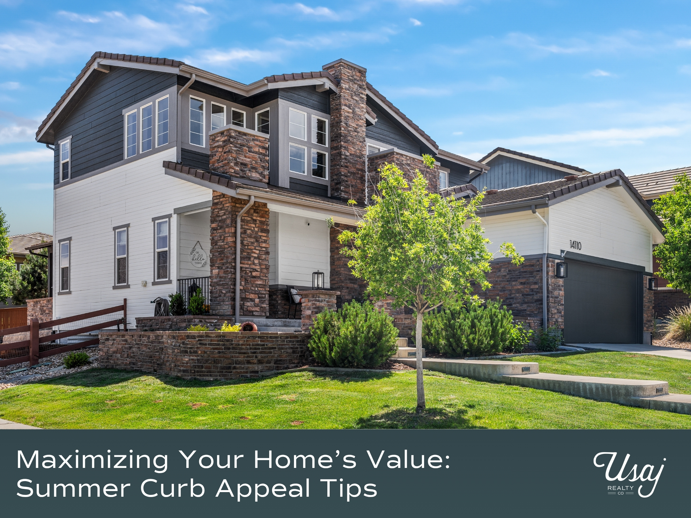 A home with a tree, manicured lawn, and beautified gardens with text underneath "Maximizing Your Home's Value: Summer Curb Appeal Tips"