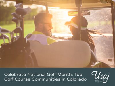 A couple drives a golf cart toward the sunset above text that reads "Celebrate National Golf Month: Top Golf Course Communities in Colorado