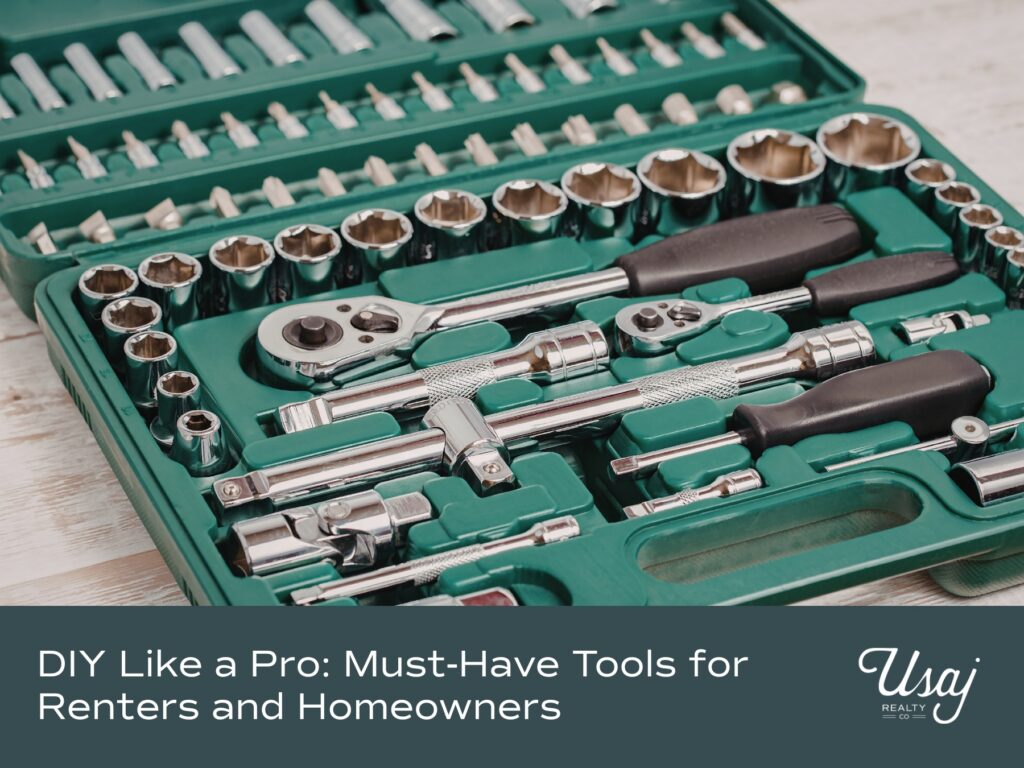 A photo of an open teal toolkit sits above white text on a charcoal gray background reads, "DIY Like a Pro: Must-Have Tools for Renters and Homeowners" next to the Usaj Realty CO logo in white