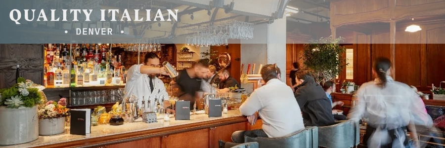 The Quality Italian logo sits in the upper left-hand corner above an image of the Quality Italian restaurant's bar.
