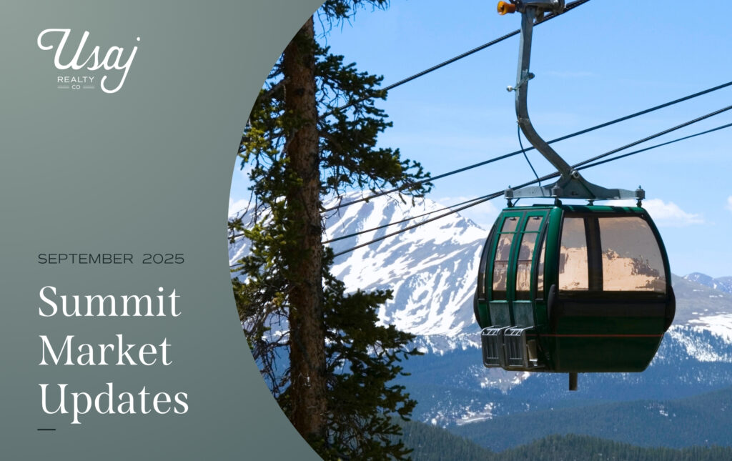 The Usaj Realty logo sits in the upper left hand corner, while two text colors below read: "September 2025 | Summit Market Updates". To the right is a photo from a gonodla ride in Summit County.