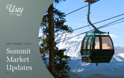 The Usaj Realty logo sits in the upper left hand corner, while two text colors below read: "September 2025 | Summit Market Updates". To the right is a photo from a gonodla ride in Summit County.