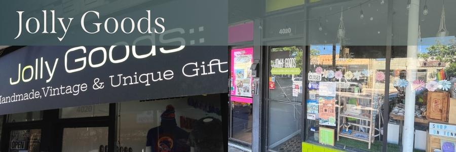 White text over a gray gradient reads, " Jolly Goods." Behind the text are two photos of the exterior of the local gift shop.