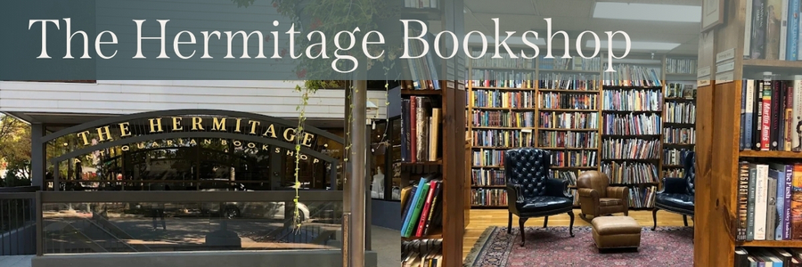 White text on a gray gradient background reads, "The Hermitage Bookshop." Behind the text are two photos of within the bookstore.