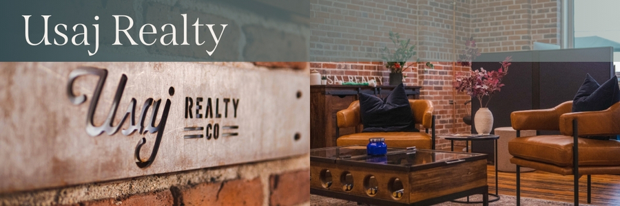White text over a gray gradient background reads, "Usaj Realty." Behind the text are two photos of within the business.