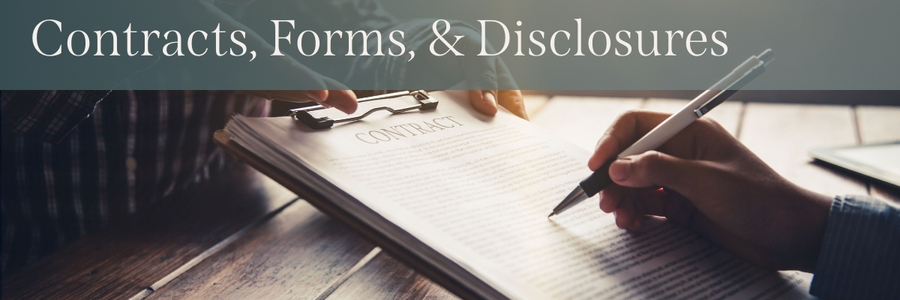 White text on a gray gradient strip reads, "Contracts, Forms, & Disclosures" in front of a photo of a person signing contracts.