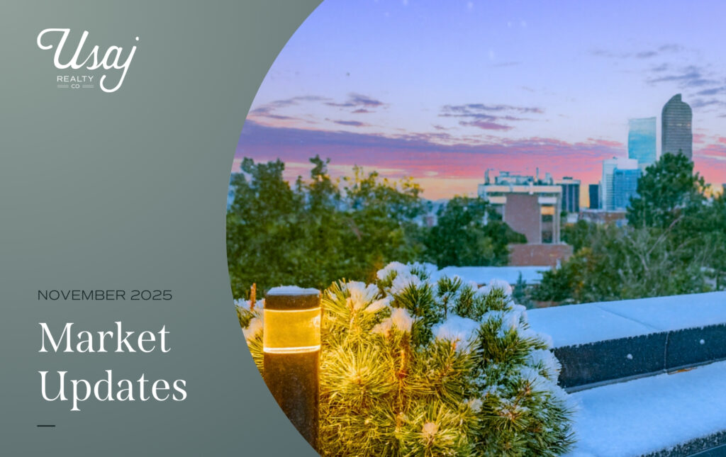 A photo of a snowy rooftop is encapsulated by gray backround with white text to the left that reads "November 2025 Market Updates"