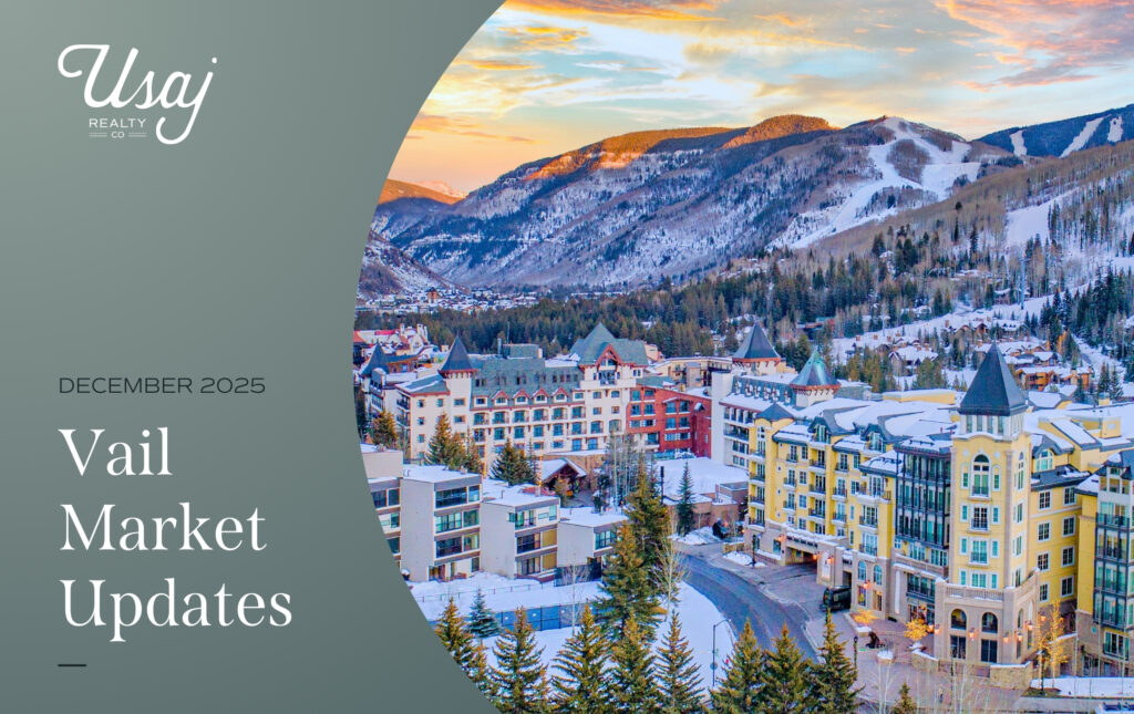 A graphic with a gray background on the left reads (from top to bottom) "Usaj Realty CO, December 2025, Vail Market Updates." An aerial photo of Vail shows shops, hotels, and the mountains behind them.