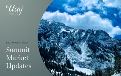 To the left, white text on the background reads (from top to bottom), "Usaj Realty CO, December 2025, Summit Market Update" with a photo of the mountains in Summit County to the right.