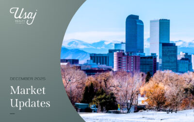 A photo of both white text on a gray background and an image of the city of Denver in December. The text below the Usaj Realty logo reads: December Market Updates."