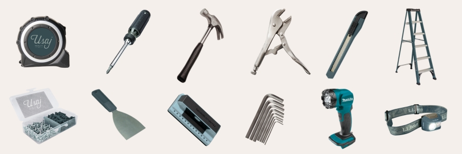A photo set of listed tools below, in order: tape measure, screwdriver, claw hammer, vice grip, utility knife, step ladder, drywall hanging kit, painter's putty knife, magnetic stud finder, allen wrench set, flashlight, and headlamp.