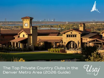 A photo of Ravenna private country club with the golf course in the foreground. White text on a gray background reads, "The Top Private Country Clubs in the Denver Metro Area (2026 Guide)"