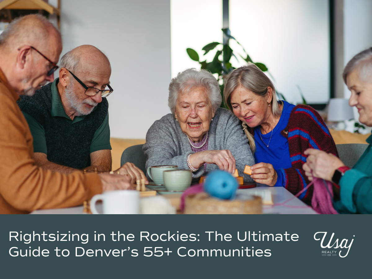 A photo of senior citizens having coffee and crafting sits above white text on a fern background that reads, "Rightsizing in the Rockies: The Ultimate Guide to Denver’s 55+ Communities"