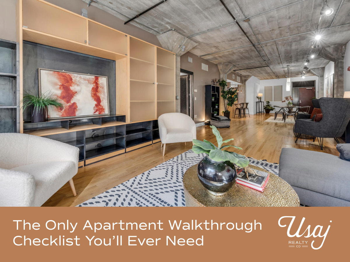 A photo of the interior of an apartment listed for sale sits above white text on an orange-brown background that reads, "The Only Apartment Walkthrough Checklist You’ll Ever Need" next to the Usaj Realty logo in white