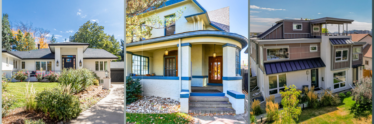 Examples of homes in the Cory-Merrill neighborhood Denver: modern farmhouse, victorian, and custom build homes.