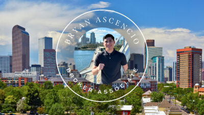 A photo of Bryan Ascencio in front of Denver, CO skyline. White text reads, "Bryan Ascencio Broker Associate"